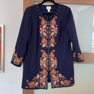 Chico’s navy size 1 embroidered overcoat/tunic